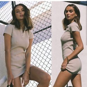 Tan Sheath Mini Dress with Polo Collar